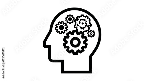 Mind thinking process icon with gears inside human head outline, symbolizing intelligence, creativity, and problem-solving.