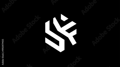 Sleek modern white geometric abstract logo design on a solid black background. Minimalist digital symbol with sharp lines.