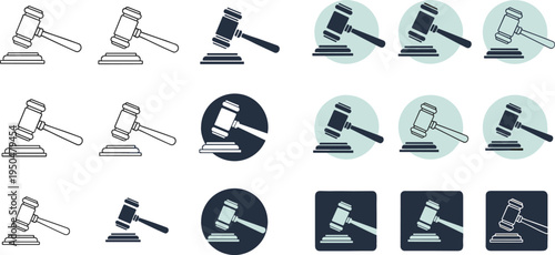 Judge Gavel Icon Set with Court Hammer Symbols for Law, Justice, Legal Verdict, and Courtroom Authority Design in Minimal and Solid Styles