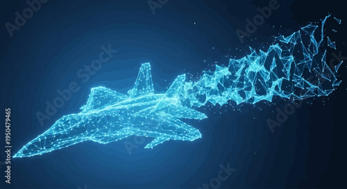 Dynamic digital fighter jet with glowing particle trail and futuristic wireframe network visualization, symbolizing advanced aerospace technology and speed