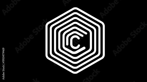 Abstract white geometric hexagon with nested lines and stylized 'C' icon on black background. Modern minimalist technology concept.