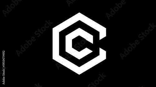Modern abstract geometric white letter C logo inside a hexagon on a black background. Minimalist graphic design element for branding.