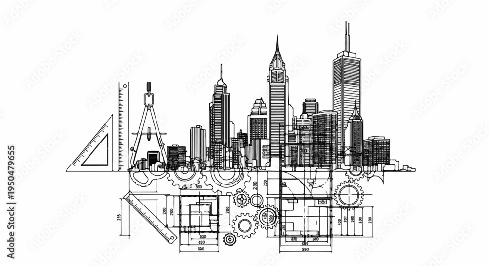 Fototapeta premium Architectural blueprint of a city with gears and drafting tools