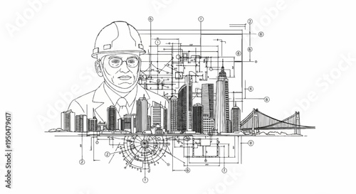 An architect with blueprints of a city and a bridge