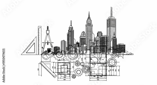 Architectural blueprint of a city with gears and drafting tools