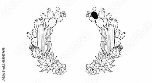 Black and white drawing of a symmetrical arrangement of desert plants