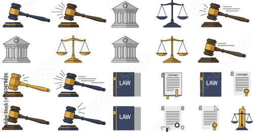 Law and Justice Icon Set with Judge Gavel, Court Building, Legal Scales, Law Books, and Documents for Legal Services, Court Systems, and Attorney Design