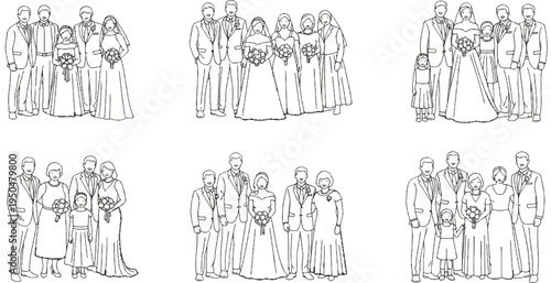 Diverse wedding groups with couples, bridesmaids, groomsmen, and children