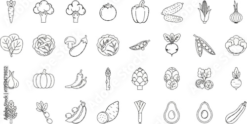 Collection of various vegetables in a sketched, outline style