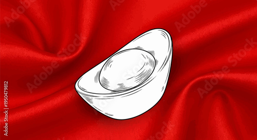 A sketch of a gold ingot rests on red flowing fabric