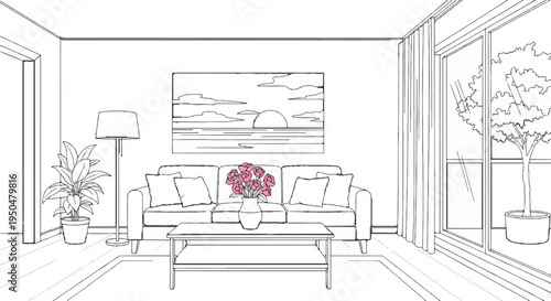 Cozy living room scene with a couch, coffee table, lamp, and plants