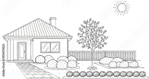 A simple line drawing depicts a house with a garden, a tree, and a fence under the sun