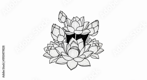 Elegant black and white sketch of lotus flowers and buds