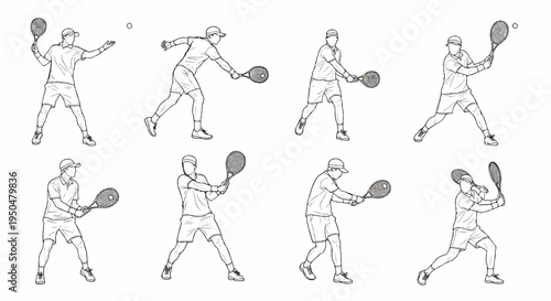 A series of eight sequential line drawings showing a person playing tennis in various poses