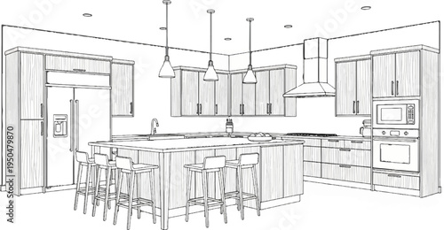 A modern kitchen with an island, refrigerator, oven, and cabinetry