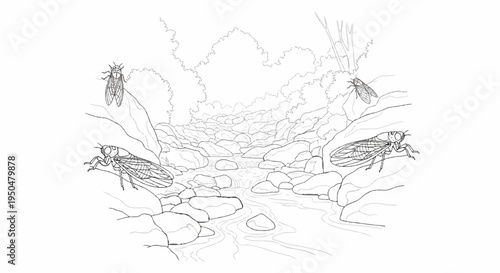 Four cicadas perched on rocks by a stream with foliage in background