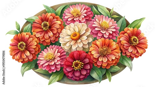 Wallpaper Mural Colorful Zinnia Flower Arrangement with Green Leaves on White Background Art Torontodigital.ca