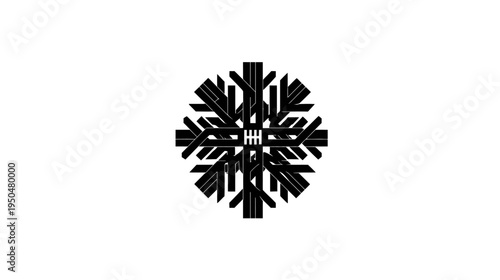 Intricate black snowflake symbol on white background, a detailed winter frost graphic element for seasonal design projects and decor.