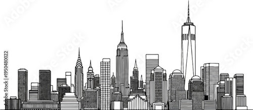 A detailed line drawing of a city skyline with prominent skyscrapers