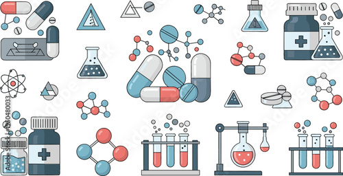Medical Laboratory and Pharmaceutical Science Icon Set with Pills, Molecules, Test Tubes, and Chemistry Equipment for Healthcare Research, Medicine, and Lab Design