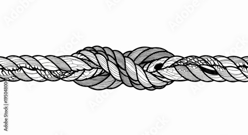 Detailed monochrome illustration of a thick, braided rope with a central knot