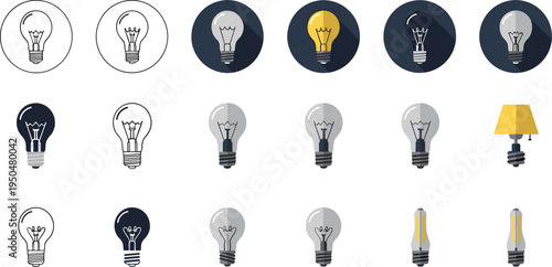Light Bulb Idea Icon Set with Creative Innovation Symbols, Electric Lamp Illustrations, and Bright Thinking Concepts for Business Strategy, Education, and Technology Design