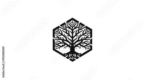 Stylized geometric tree logo design in a hexagonal frame, minimalist nature emblem with intricate roots and branches vector icon.