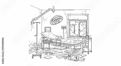 A desolate operating room with cracked walls and shattered window
