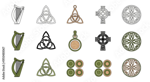 Collection of Traditional Irish and Celtic Cultural Symbols with Ancient Knotwork Designs and Decorative Elements