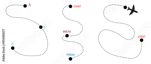 Route location icon  sign and dotted line. location routes icon set. Travel concept with path way. simple roadmap dotted line icon. Vector illustration.