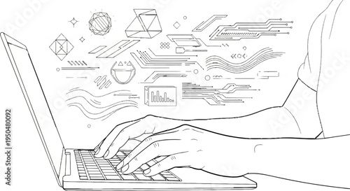Digital stream of data, diagrams, and shapes flows from a laptop