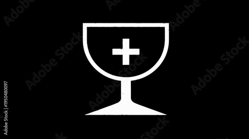White Christian Chalice with Cross Symbol Icon on Black Background. Holy Eucharist, Communion, Faith, and Spirituality Concept.