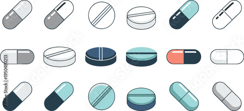 Medicine Pill and Capsule Icon Set with Pharmaceutical Tablets, Antibiotic Capsules, and Medication Symbols for Healthcare, Pharmacy, Medical Treatment, and Drug Design