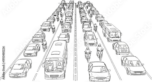 A busy multi-lane highway choked with cars, buses, and motorcycles