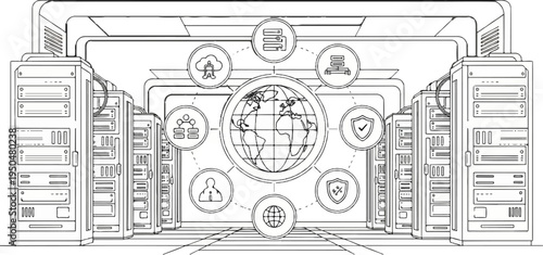 Global network servers and data flow with security icons and cloud