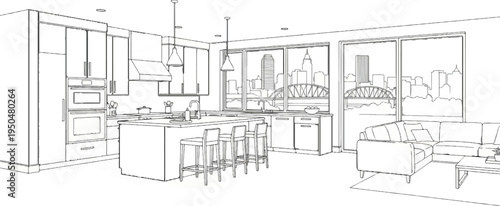 Modern kitchen and living area with city skyline view