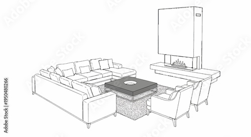 Modern living room sketch with sectional couch, chairs, coffee table, fireplace