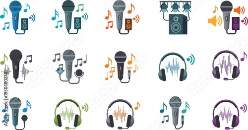 Microphone and Headphones Music Icon Set with Audio Waveforms, Speakers, and Sound Symbols for Podcast, Recording Studio, Broadcasting, and Entertainment Design