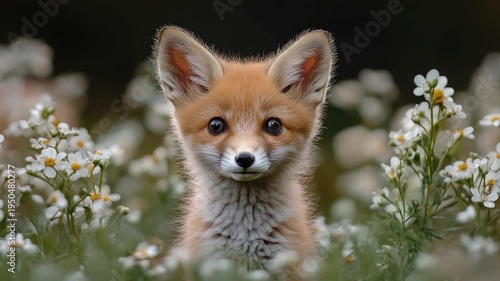 A small fox sitting among colorful flowers