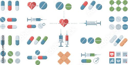 Medical Pills, Capsules, and Syringe Icon Set with Heart Health Symbols, Tablets, Bandages, and Healthcare Elements for Pharmacy, Medicine, and Treatment Design