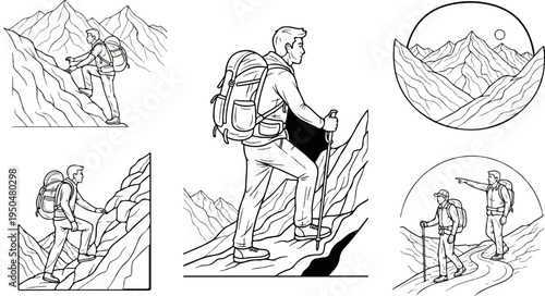 Mountaineers with backpacks ascend rocky terrain, one points ahead