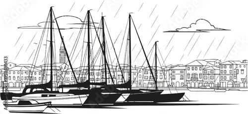 Sailboats docked by a town under a rainy sky