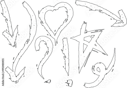 This image presents various hand drawn outline symbols including arrows a heart and an exclamation mark