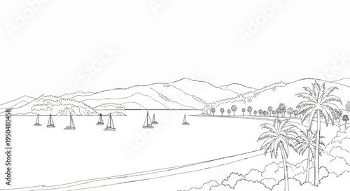Sailboats glide across a serene bay, backed by rolling hills and lush palm trees