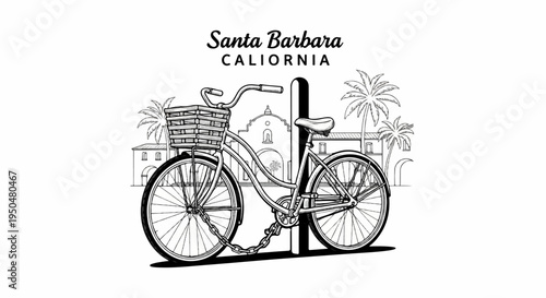 Sketch of a vintage bicycle with a basket, locked to a post, palm trees and Spanish architecture