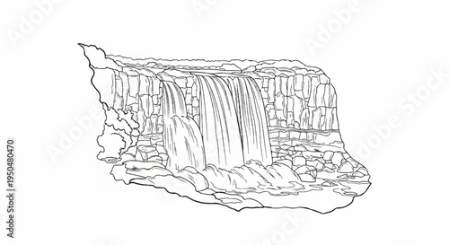 Sketch of a wide, multi-tiered waterfall cascading down rocky cliffs into a body of water