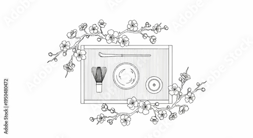Sketch of tea ceremony utensils and blooming branches