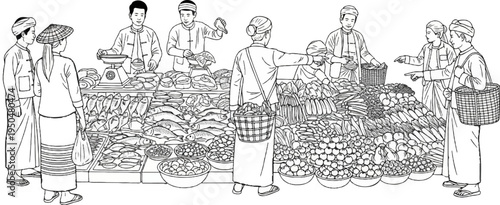 Lively outdoor market scene with vendors selling fish, produce, and meat to customers