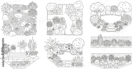 Line art illustrations of diverse garden designs with various plants, rocks, and pathways