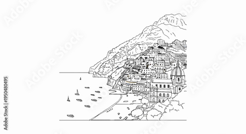 Steep coastal town with buildings cascading down a mountain to the sea, boats offshore